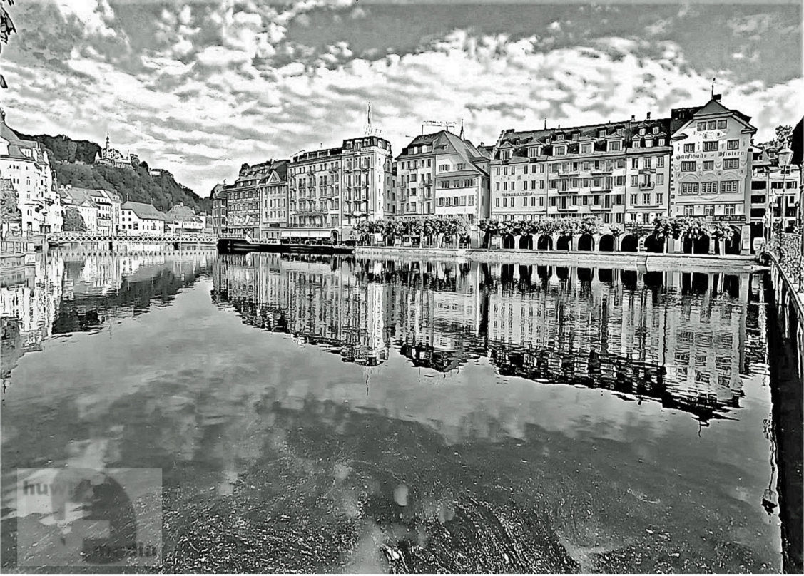 Historisches Gebäude am Fluss Poster A4