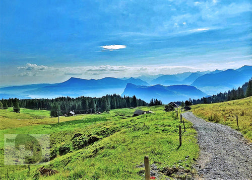 Blick von der Fräkmüntegg auf dem Pilatus über Alpenwiesen und Vierwaldstättersee im Sommer