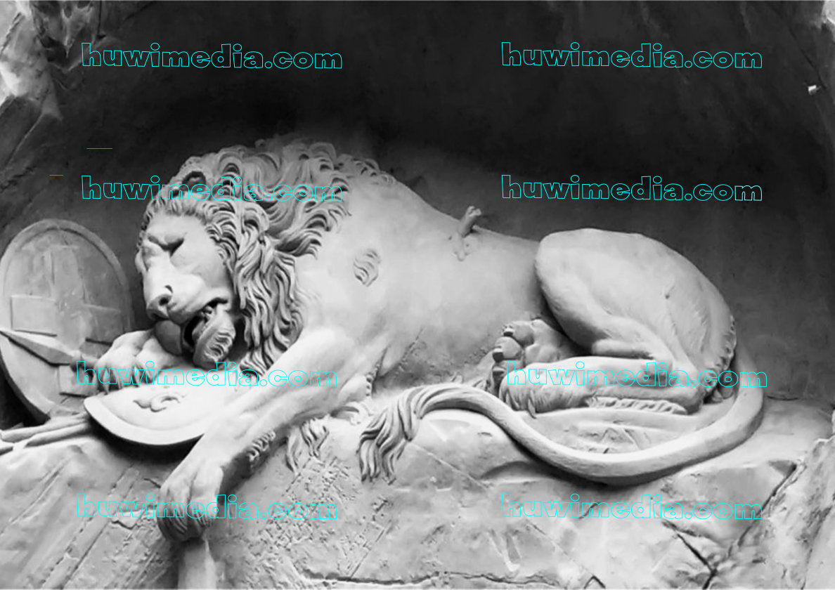 Löwendenkmal Luzern in Schwarzweiss, sterbender Löwe aus Sandstein
