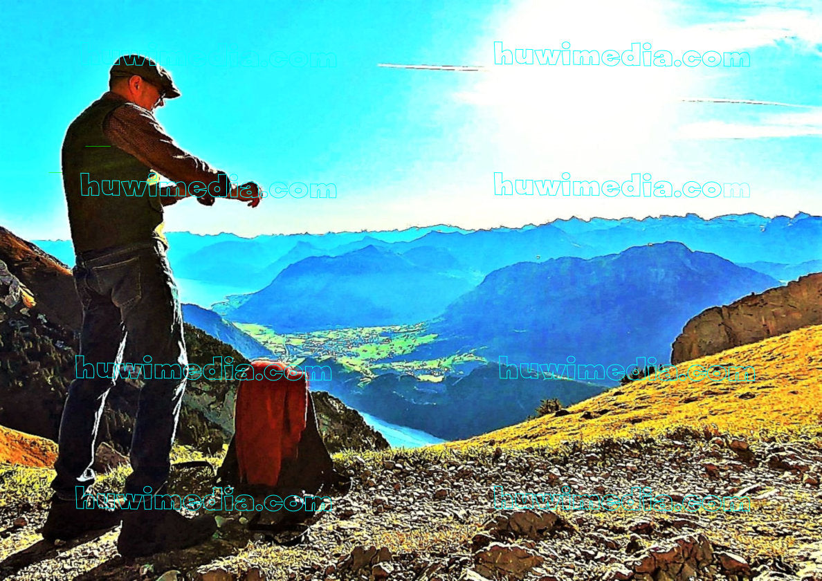 Wanderpause mit Alpenpanorama – Digitales Foto